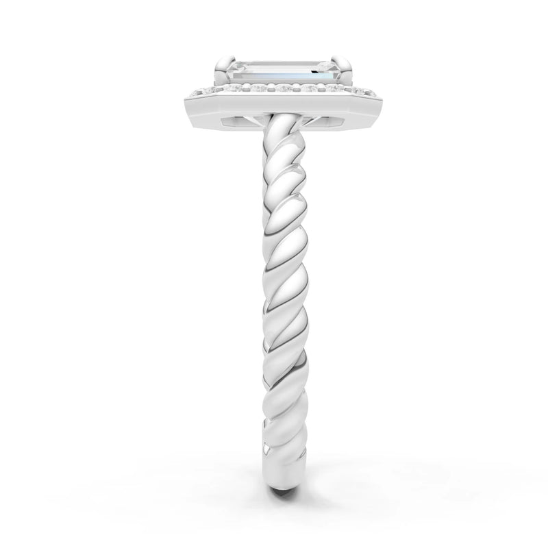 Moissanite Twisted Vine Emerald Cut Solitaire Halo Ring