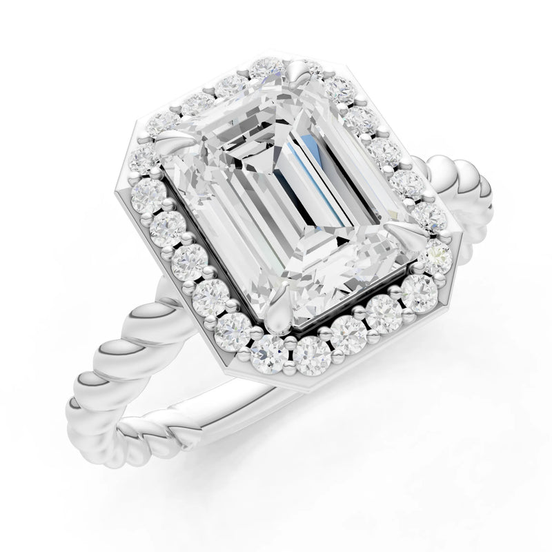 Moissanite Twisted Vine Emerald Cut Solitaire Halo Ring