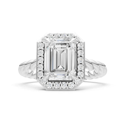 Moissanite Twisted Vine Emerald Cut Solitaire Halo Ring