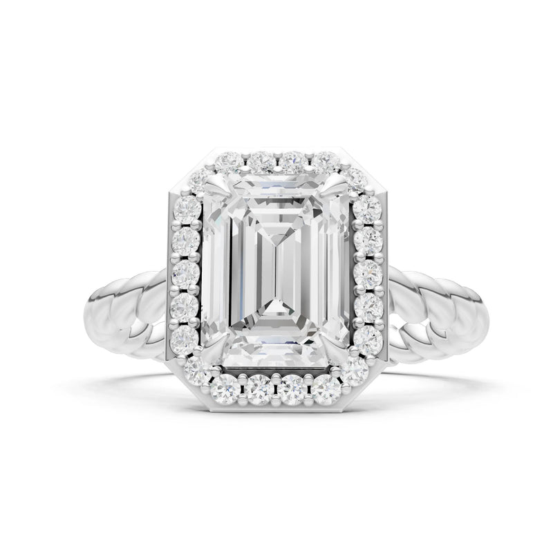 Moissanite Twisted Vine Emerald Cut Solitaire Halo Ring