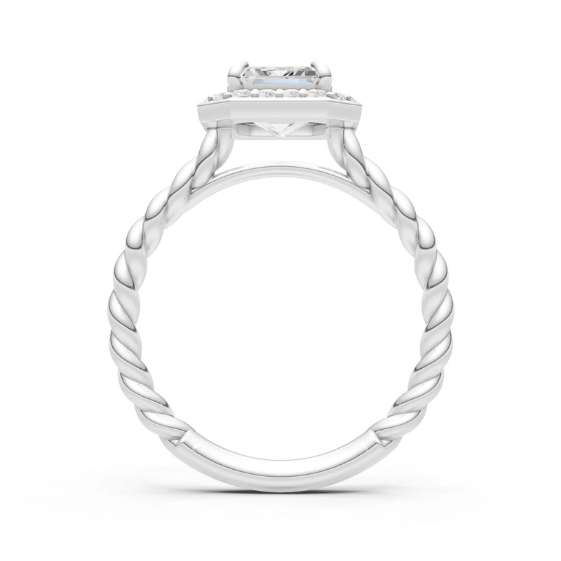 Moissanite Twisted Vine Emerald Cut Solitaire Halo Ring