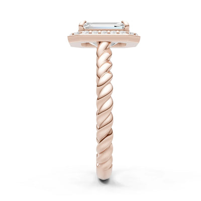 Moissanite Twisted Vine Emerald Cut Solitaire Halo Ring