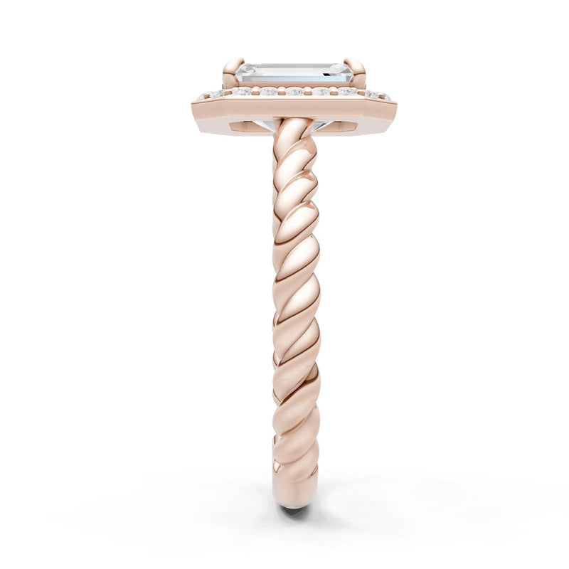 Moissanite Twisted Vine Emerald Cut Solitaire Halo Ring