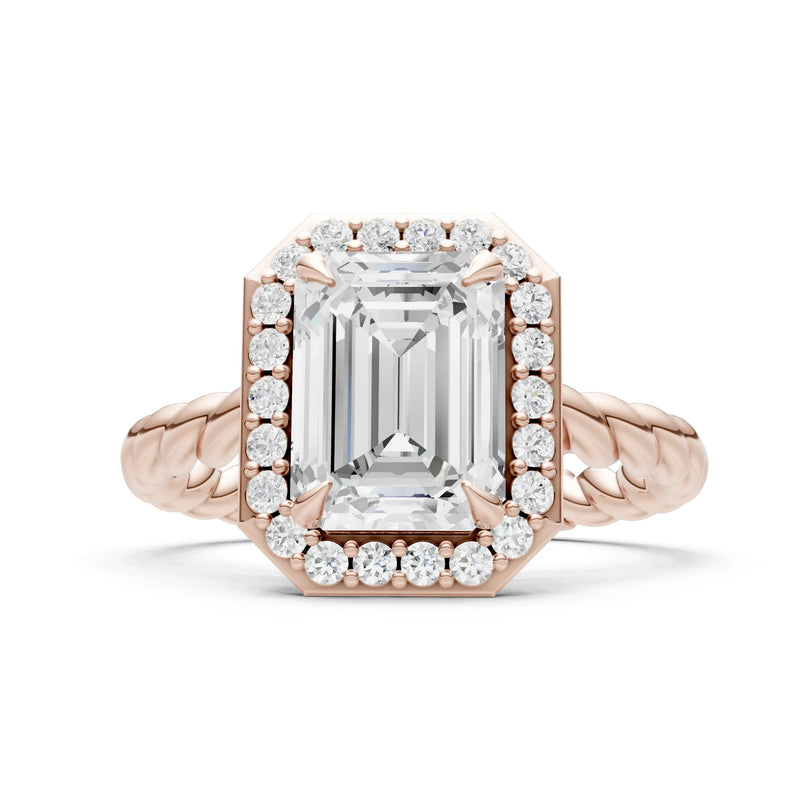 Moissanite Twisted Vine Emerald Cut Solitaire Halo Ring