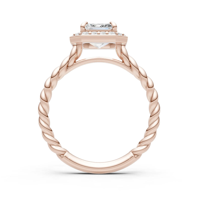 Moissanite Twisted Vine Emerald Cut Solitaire Halo Ring