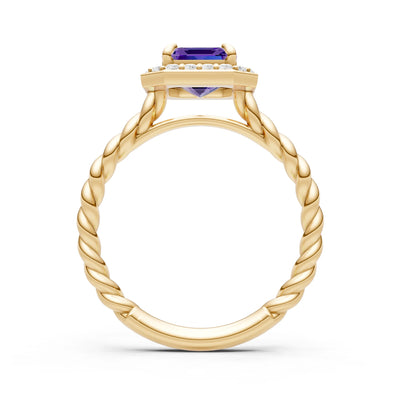 Amethyst Twisted Vine Emerald Cut Solitaire Halo Ring