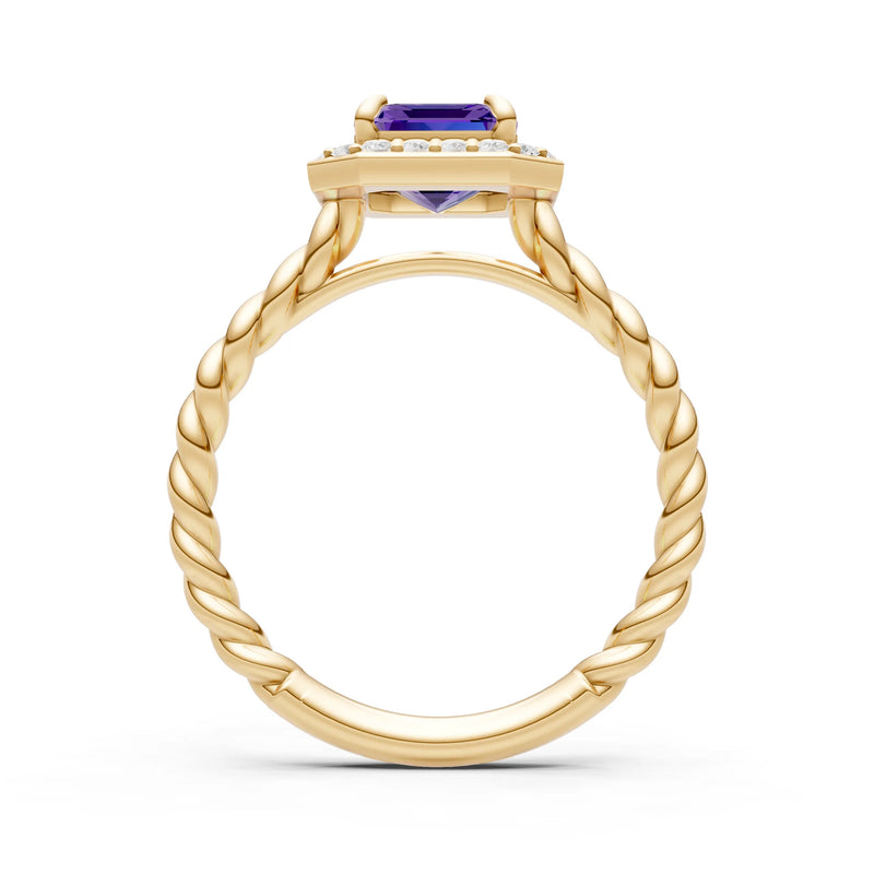 Amethyst Twisted Vine Emerald Cut Solitaire Halo Ring