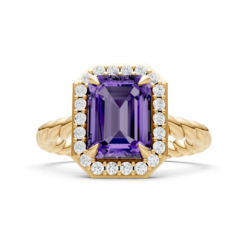 Amethyst Twisted Vine Emerald Cut Solitaire Halo Ring