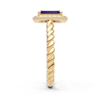 Amethyst Twisted Vine Emerald Cut Solitaire Halo Ring