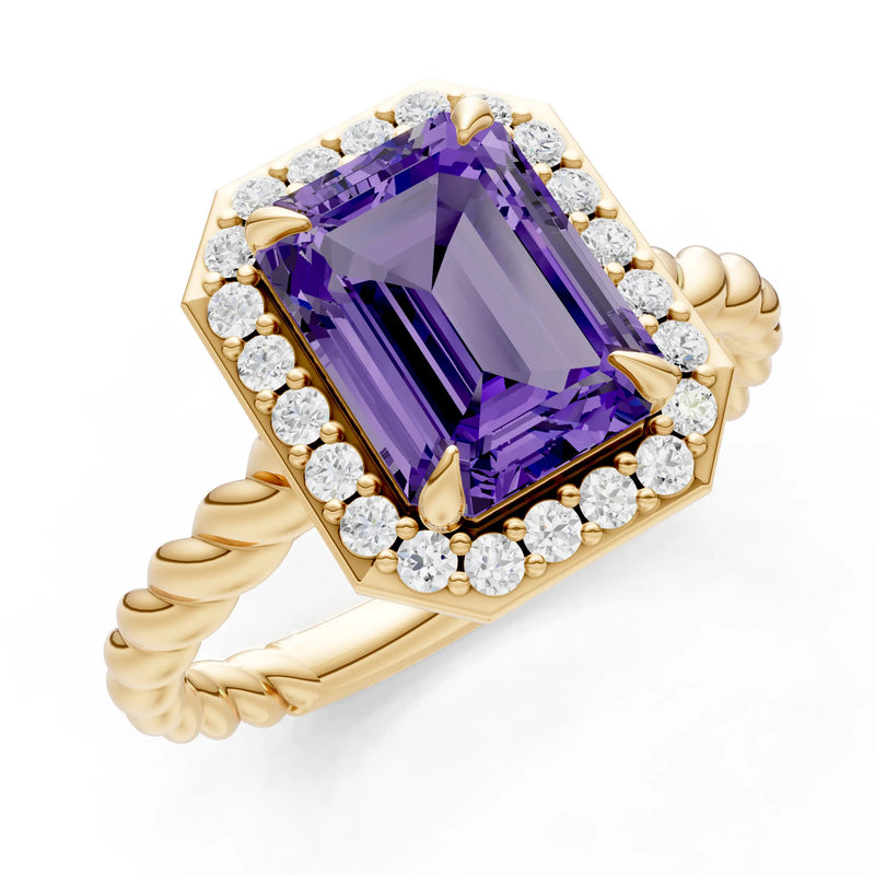 Amethyst Twisted Vine Emerald Cut Solitaire Halo Ring