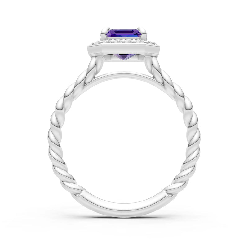 Amethyst Twisted Vine Emerald Cut Solitaire Halo Ring