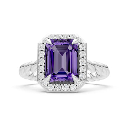 Amethyst Twisted Vine Emerald Cut Solitaire Halo Ring