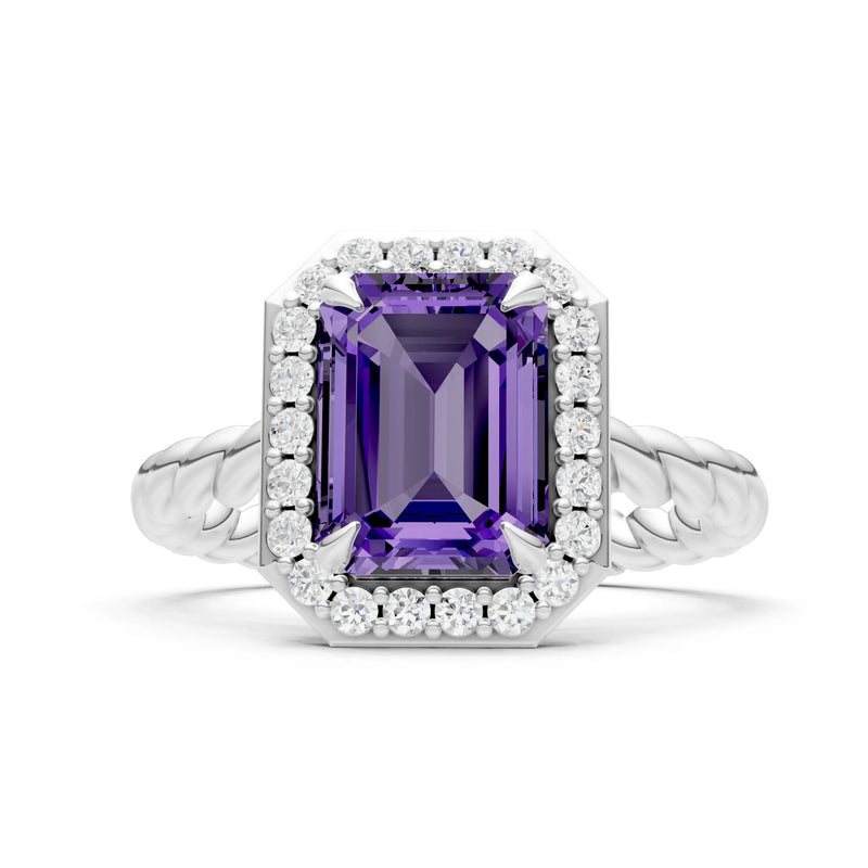 Amethyst Twisted Vine Emerald Cut Solitaire Halo Ring