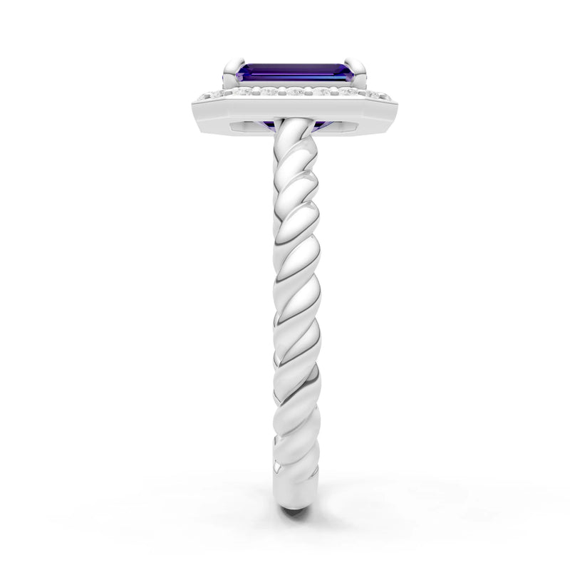 Amethyst Twisted Vine Emerald Cut Solitaire Halo Ring