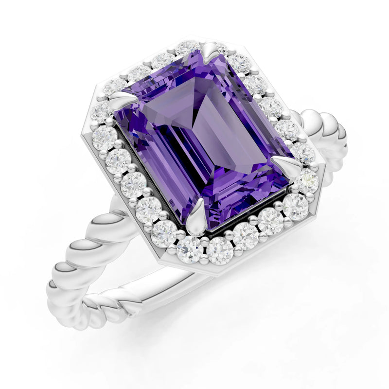 Amethyst Twisted Vine Emerald Cut Solitaire Halo Ring