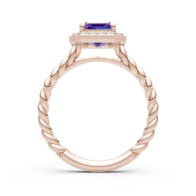 Amethyst Twisted Vine Emerald Cut Solitaire Halo Ring