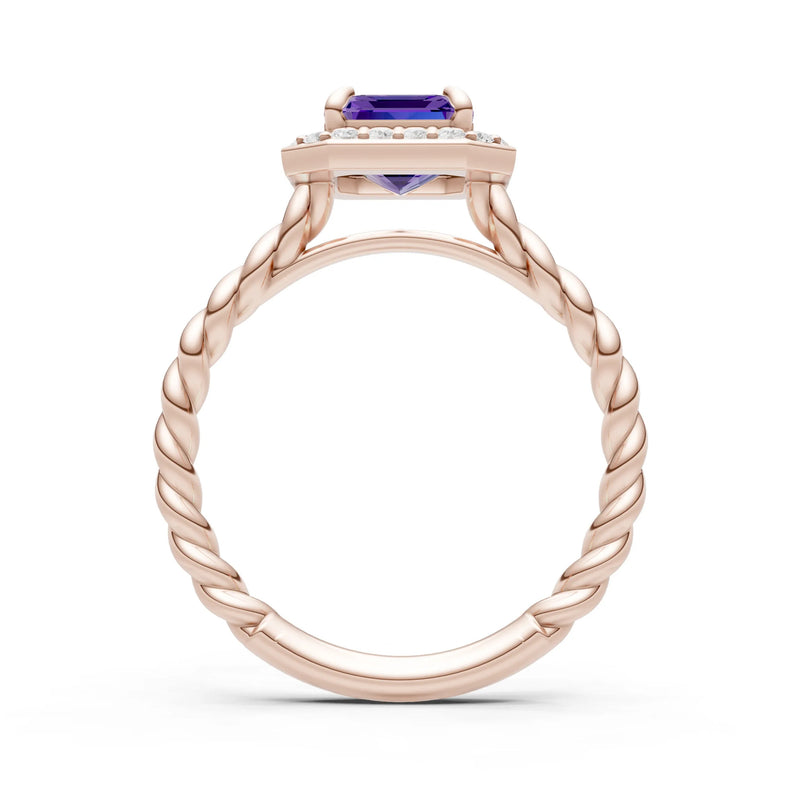 Amethyst Twisted Vine Emerald Cut Solitaire Halo Ring