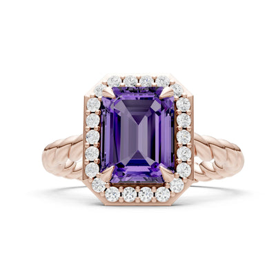 Amethyst Twisted Vine Emerald Cut Solitaire Halo Ring