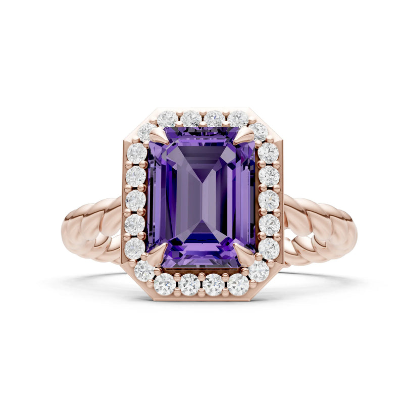Amethyst Twisted Vine Emerald Cut Solitaire Halo Ring