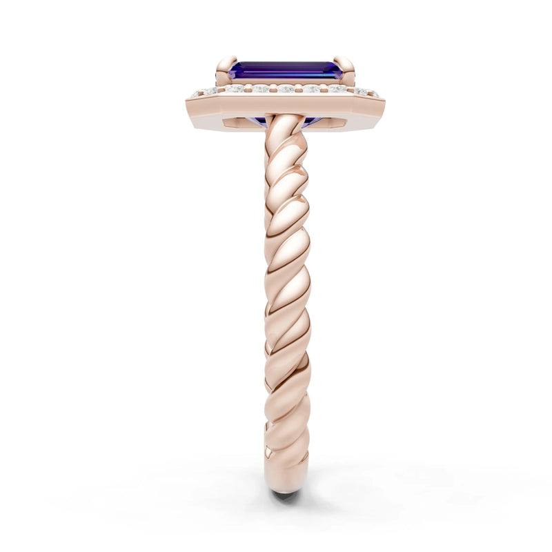 Amethyst Twisted Vine Emerald Cut Solitaire Halo Ring