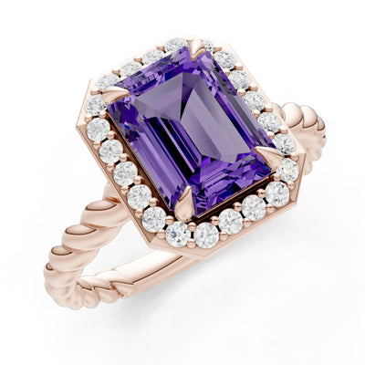 Amethyst Twisted Vine Emerald Cut Solitaire Halo Ring