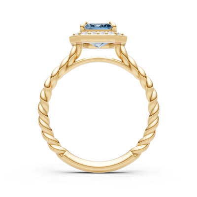 Aquamarine Twisted Vine Emerald Cut Solitaire Halo Ring