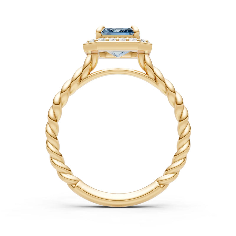 Aquamarine Twisted Vine Emerald Cut Solitaire Halo Ring