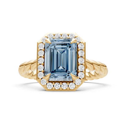 Aquamarine Twisted Vine Emerald Cut Solitaire Halo Ring