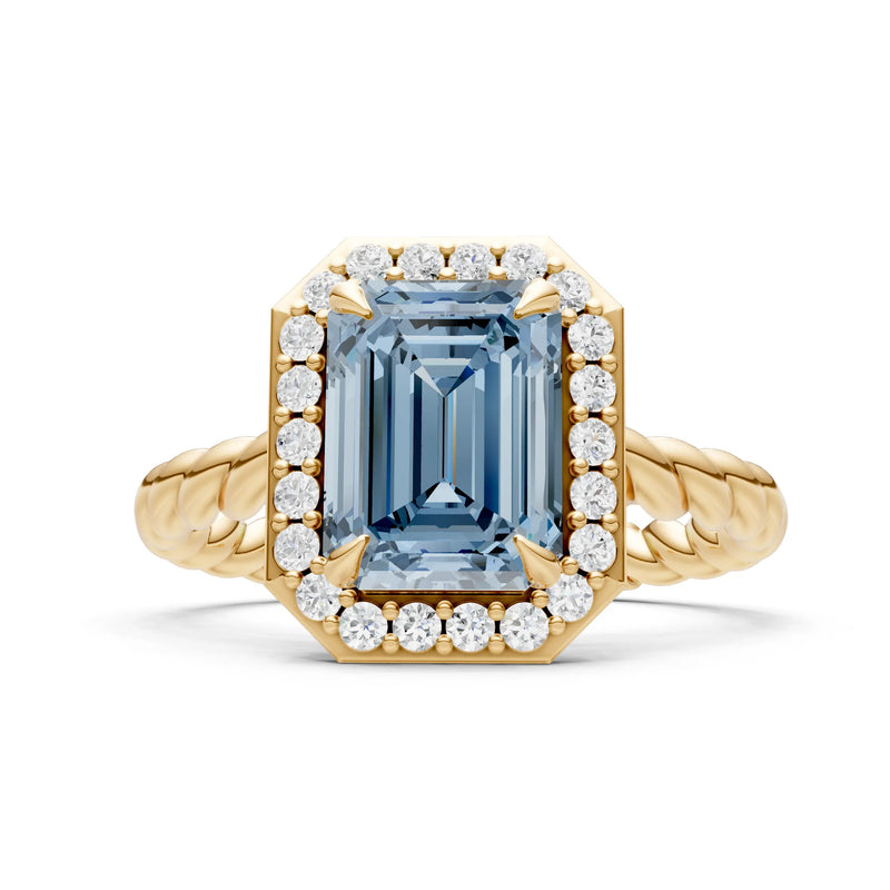 Aquamarine Twisted Vine Emerald Cut Solitaire Halo Ring