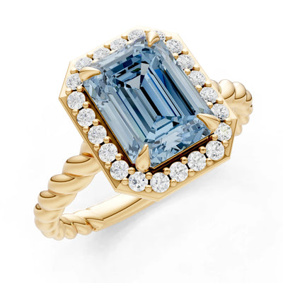 Aquamarine Twisted Vine Emerald Cut Solitaire Halo Ring