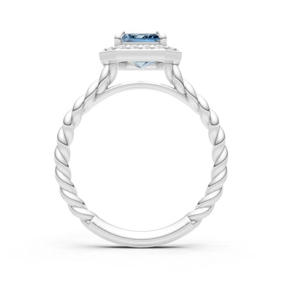 Aquamarine Twisted Vine Emerald Cut Solitaire Halo Ring