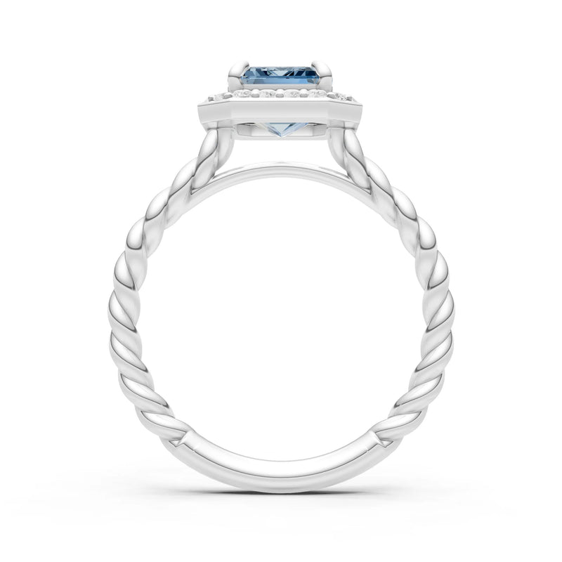 Aquamarine Twisted Vine Emerald Cut Solitaire Halo Ring