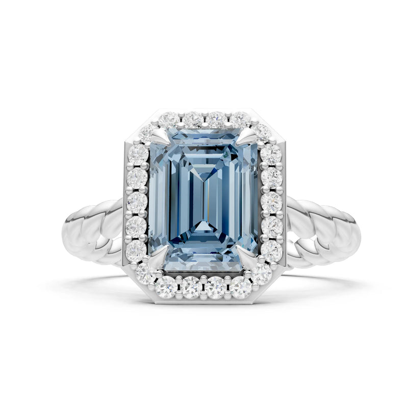 Aquamarine Twisted Vine Emerald Cut Solitaire Halo Ring