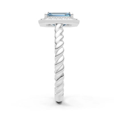 Aquamarine Twisted Vine Emerald Cut Solitaire Halo Ring
