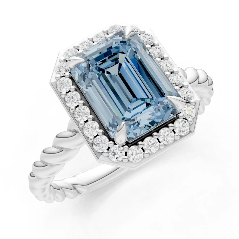 Aquamarine Twisted Vine Emerald Cut Solitaire Halo Ring
