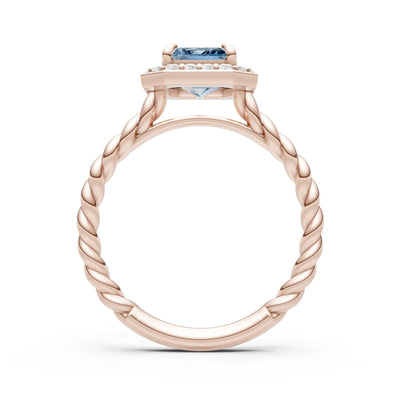Aquamarine Twisted Vine Emerald Cut Solitaire Halo Ring