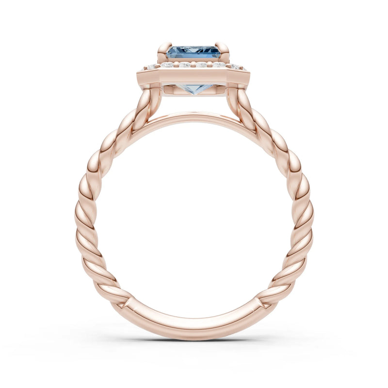 Aquamarine Twisted Vine Emerald Cut Solitaire Halo Ring