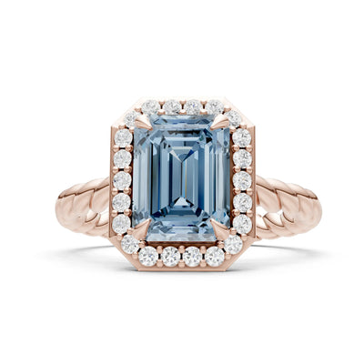 Aquamarine Twisted Vine Emerald Cut Solitaire Halo Ring