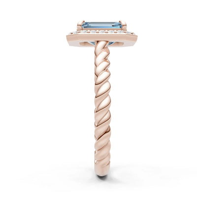 Aquamarine Twisted Vine Emerald Cut Solitaire Halo Ring