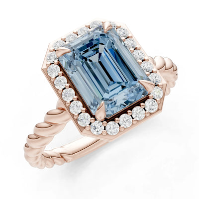 Aquamarine Twisted Vine Emerald Cut Solitaire Halo Ring