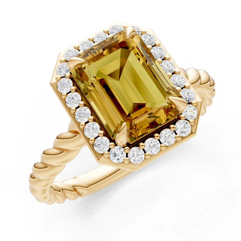 Twisted Vine Emerald Cut Solitaire Halo Ring