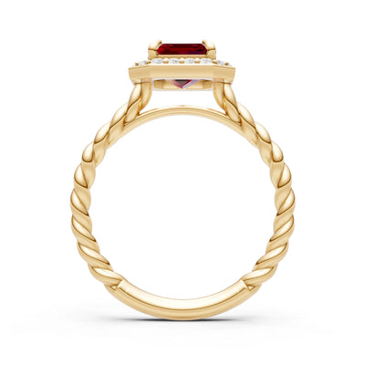 Garnet Twisted Vine Emerald Cut Solitaire Halo Ring