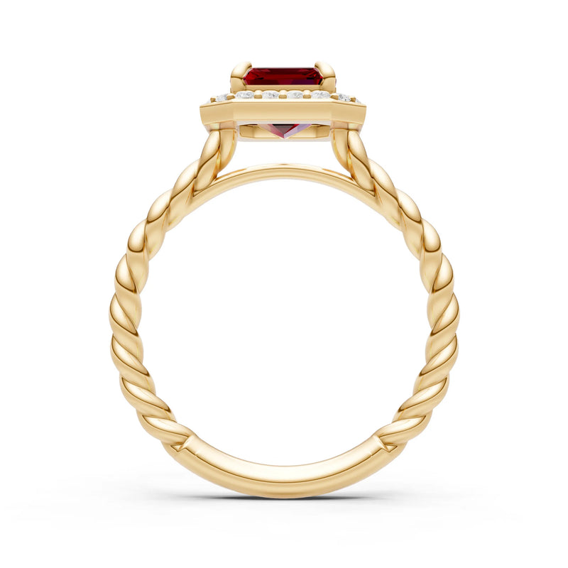 Garnet Twisted Vine Emerald Cut Solitaire Halo Ring