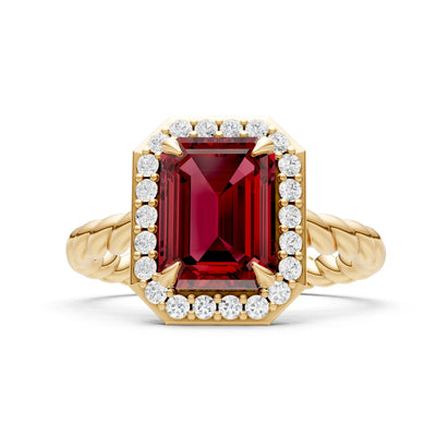 Garnet Twisted Vine Emerald Cut Solitaire Halo Ring