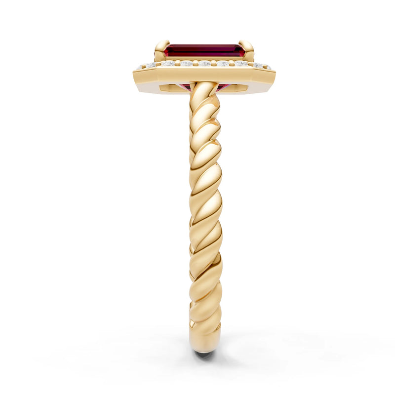 Garnet Twisted Vine Emerald Cut Solitaire Halo Ring