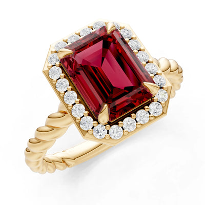 Garnet Twisted Vine Emerald Cut Solitaire Halo Ring