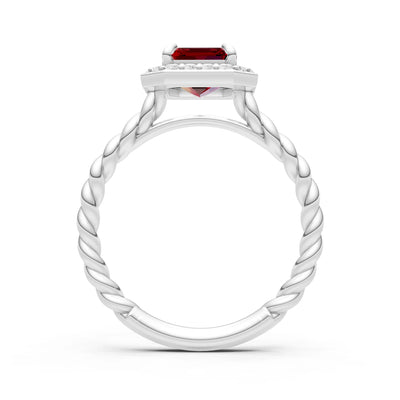 Garnet Twisted Vine Emerald Cut Solitaire Halo Ring