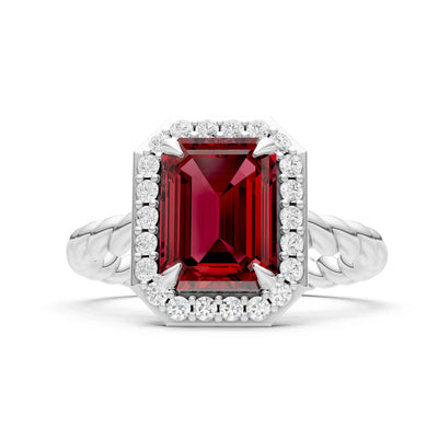 Garnet Twisted Vine Emerald Cut Solitaire Halo Ring