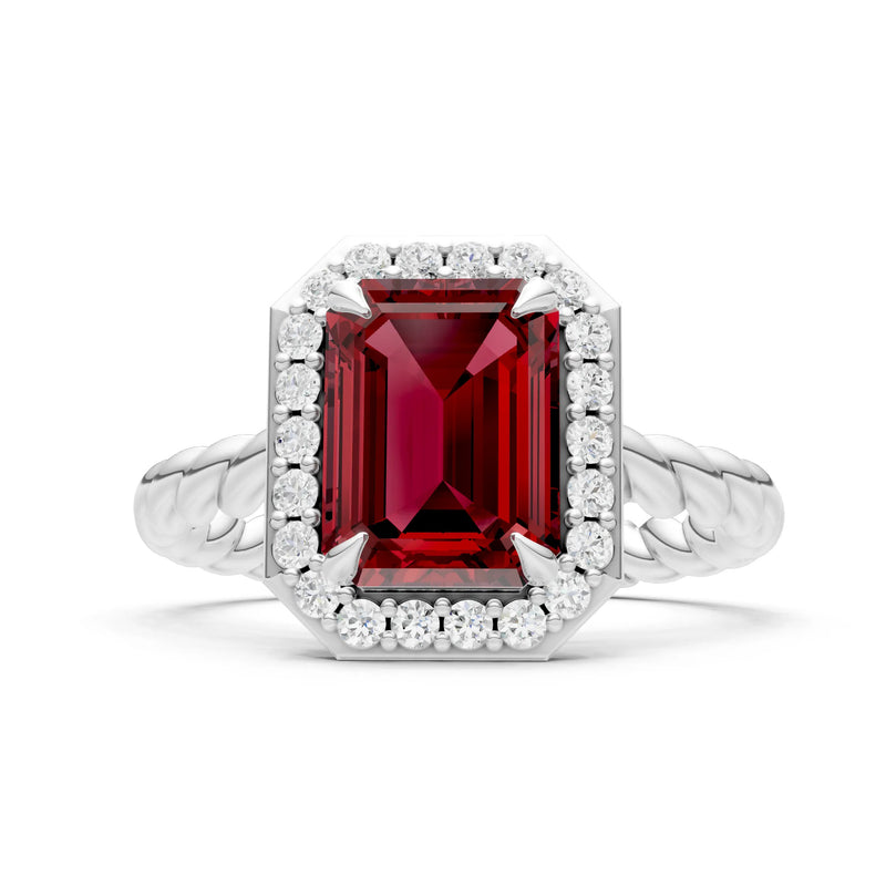 Garnet Twisted Vine Emerald Cut Solitaire Halo Ring