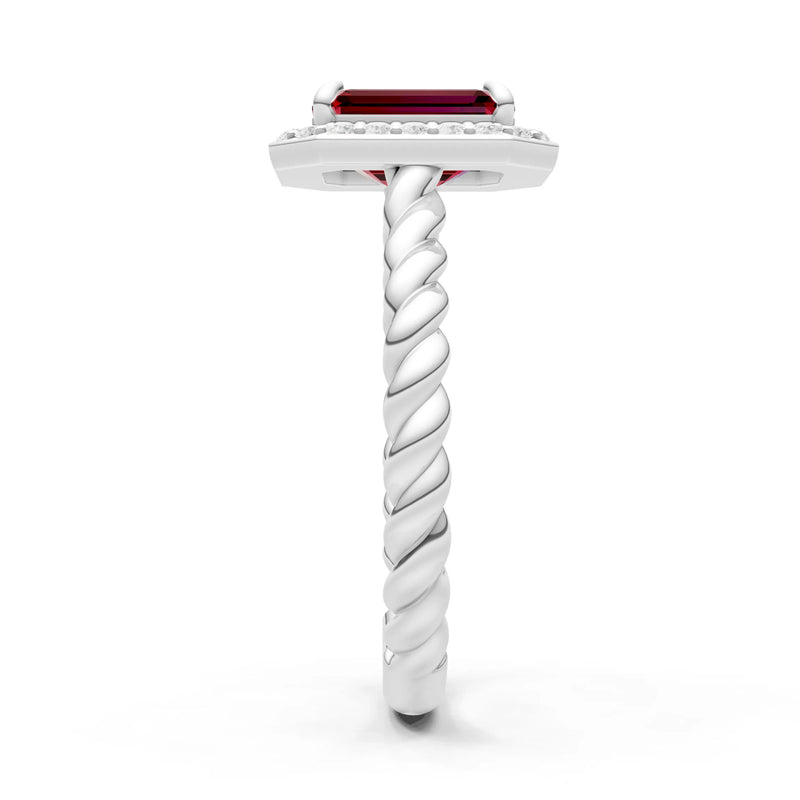 Garnet Twisted Vine Emerald Cut Solitaire Halo Ring